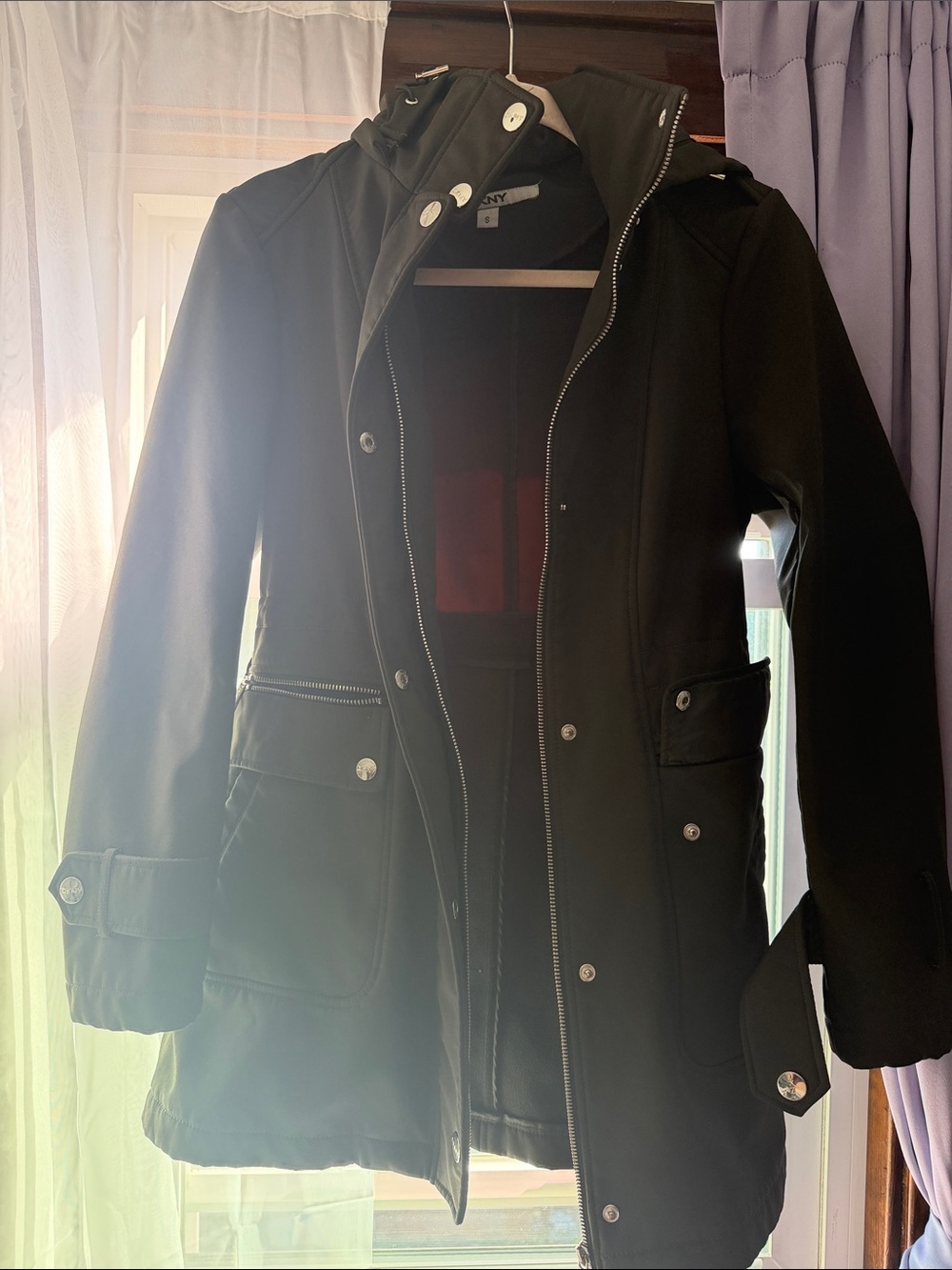 DKNY Black Hooded Trench Coat with Snap Front